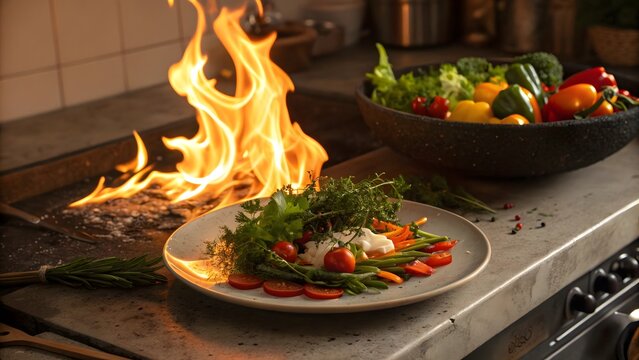 Chef flambeing delicious gourmet food with fresh vegetables on a stainless steel kitchen counter