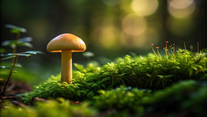 Fototapeta premium Single Mushroom Growing in Mossy Forest Floor with Soft Bokeh Background fungus nature