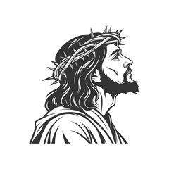 Monochrome illustration of Jesus Christ wearing a crown of thorns looking upwards