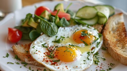 Over Easy Eggs Avocado Spinach Toast Greek Yogurt Cucumber Breakfast Platter