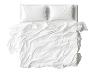 Crumpled white bedding: top view of unmade bed with two pillows