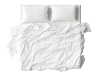 Crumpled white bedding: top view of unmade bed with two pillows