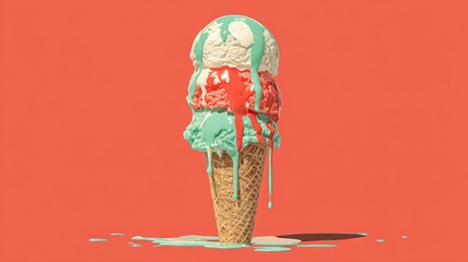 Colorful Ice Cream Cone Melting on Bright Orange Background