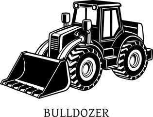 A bulldozer with steel blade, construction vehicle on white. Excavator (bulldozer, grader) isolated. Vector icon. Heavy earth moving road construction equipment. Sketch in black lines
