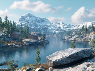 Serene Lake View Surrounded by Snow-Capped Mountains and Lush Green Trees in a Bright and Clear Sky