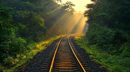 Serene Railway Track Surrounded by Lush Green Forest and Sunlight Rays Breaking Through Trees