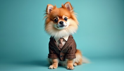 Adorable Pomeranian dog wears trendy suit, looking camera on blue background. Cute puppy dressed in fashionable clothes. Funny business dog in studio. Pet model portrait.