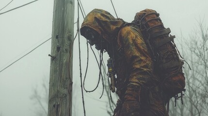 Realistic Depiction of a Minimalist Survivalist in Foggy Landscape Captured with High-Quality Photography
