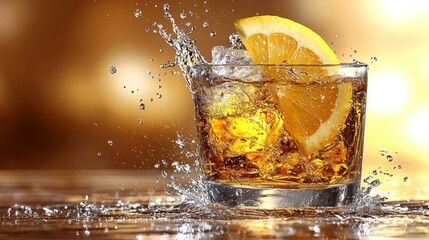 Refreshing Natural Drink with Lemon Slice in Glass with Ice and Splashing Water, Perfect for a Detox Theme Photography