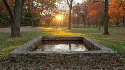 Serene Autumn Retreat Featuring Natural Pond Surrounded by Colorful Trees and Scenic Sunset Light