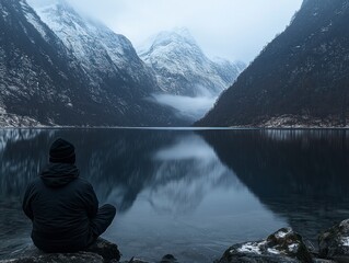 Serene Solitude in a Snowy Mountain Landscape with Reflection in Still Water and Overcast Sky