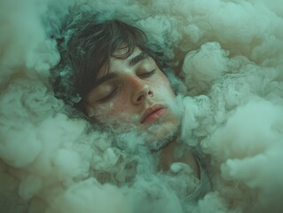 Dreamlike Portrait of a Young Man Surrounded by Soft Ethereal Smoke in a Surreal Atmosphere Captured in High-Quality Photography