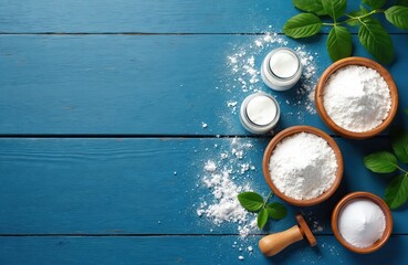 Overhead shot of white powder in bowls on blue wood background. Cooking food ingredient flat lay composition with natural light, clean minimalist table scene. Baking recipe culinary styling demo.