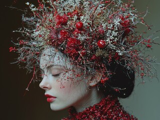 Serene Portrait of Young Woman with Elaborate Floral Headpiece in Soft Focus for Artistic Mental Reset Photography