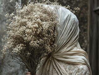 Introspective Woman Holding Bouquet of Dried Flowers in Ethereal Setting with Soft Natural Light and Textured Background