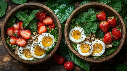 Fresh and Colorful Healthy Meal Bowls with Eggs, Strawberries, and Greens for a Nutrient-Packed Lifestyle