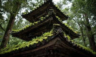Moss-covered pagoda in a lush forest
