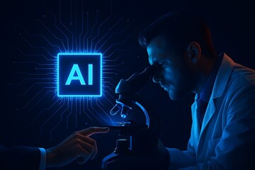 Artificial intelligence research with scientist using microscope, showcasing the future of technology and innovation in the digital age for data analysis
