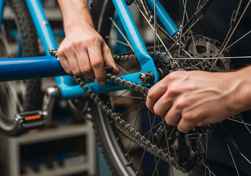 Close-up of a person's hands working on a bicycle chain and gears, performing maintenance or repair. - Powered by Adobe