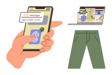 Hand using smartphone for security code and fingerprint login. Laptop showing secure interface. Ideal for cybersecurity, online safety, authentication, two-factor verification, privacy, technology