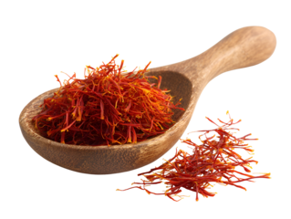 Wooden spoon filled with red saffron threads isolated on transparent background