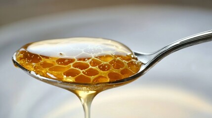Close-up of golden honey dripping from spoon with honeycomb texture