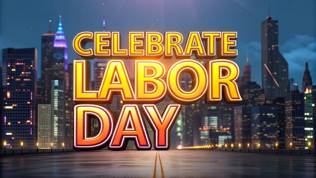 Celebrate labor day text with glowing lights on modern city skyline background