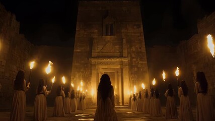 An eerie cult ritual unfolds at night, with women holding torches around a temple, evoking themes of mystery and dark magic.
