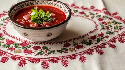 Traditional ukrainian borscht in decorative ceramic bowl on embroidered cloth