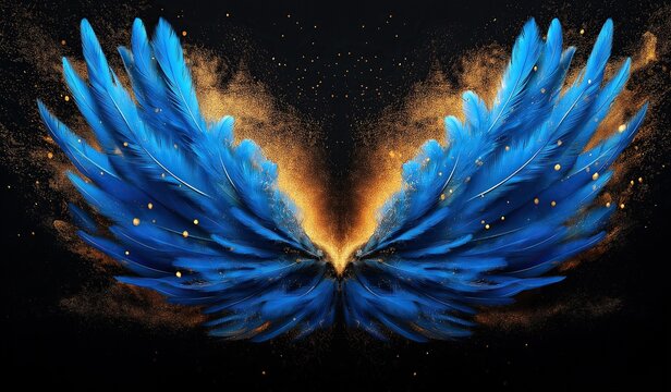 Blue and gold feather angel wings with floating dust particles on black background, symbolic design representing divine protection and spiritual freedom