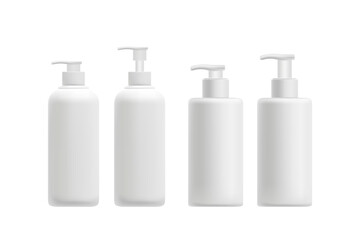Cosmetic 3D plastic dispenser bottle with pump mockup set, isolated, transparent background. Skin care lotion bottle, clean texture. Beauty moisturizer, cleansing oil, face wash product packaging.