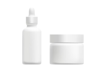 Cosmetic 3D clear glass cream jar, serum bottle mockup set, isolated, transparent background. Skin care clean white, translucent light gray plastic texture. Beauty vector product packaging.