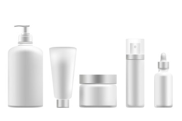 Cosmetic 3D product packaging mockup set, isolated, transparent background. Cleansing gel bottle, cream jar, serum dropper, spray bottle, white plastic, gray lid. Beauty skin care moisturizer pack