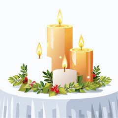 Gold burning Christmas candle with festive winter decorations and a glowing tree