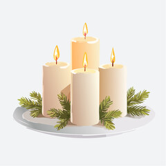 A single festive Christmas candle illuminates a dark room, its warm, glowing flame casting a bright light on nearby holiday decorations and a Christmas tree