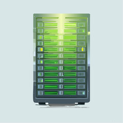 Rack-mounted servers, storage equipment, and networking hardware with isolated green screen tablets and phones for data center design