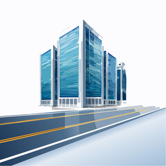 Modern glass skyscraper facade reflects the blue sky and city business