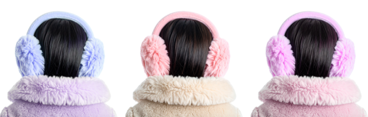 group of back view of girl with earmuff in three colors isolated on white background
