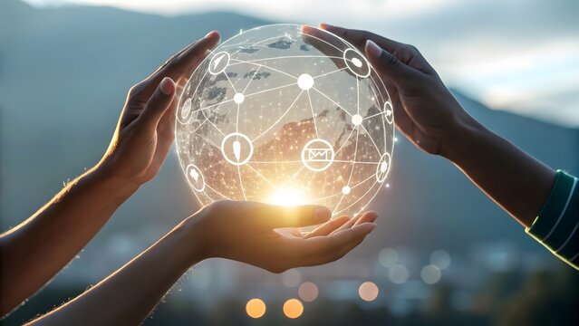 Two hands holding a glowing digital globe with network connections against a blurred background
