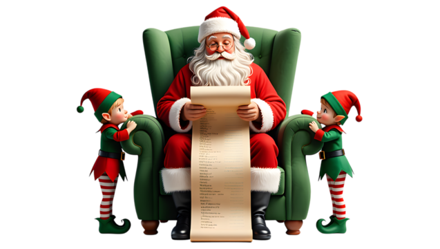 Jolly Santa Claus Reading Long Scroll Elves Watching