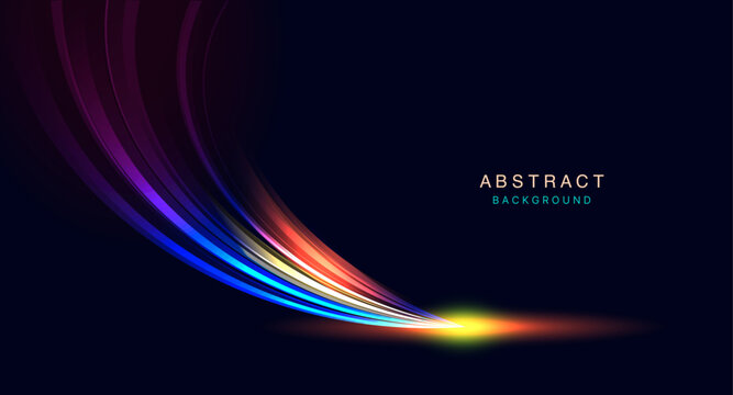 Colorful curved light trails with glowing motion on dark background. Abstract high-speed ray design for futuristic, technology, and digital concepts. Ideal for banners, posters, and modern graphic.