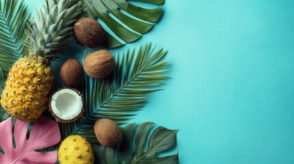 Fototapeta premium Tropical Fruits and Green Leaves Arrangement on Blue Background for Summer Decoration and Refreshing Atmosphere