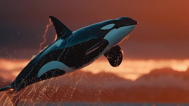 Orca whale breaching at sunset with a fiery orange glow