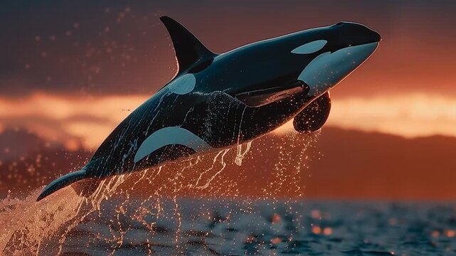 Orca whale breaching at sunset with a fiery orange glow