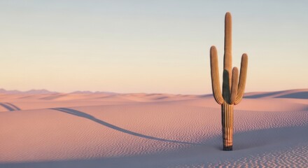 A single saguaro cactus stands tall in a vast desert landscape under a soft, warm light, casting a long shadow on the sand dunes.