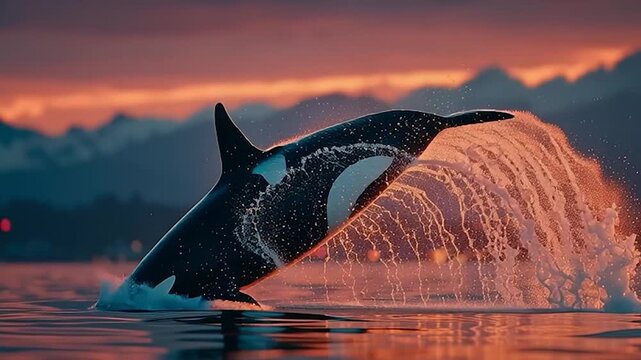 Orca whale breaching at sunset with a fiery orange glow