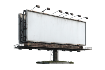 Large, empty billboard with spotlights on a steel structure, isolated against a plain background, possibly for advertising.