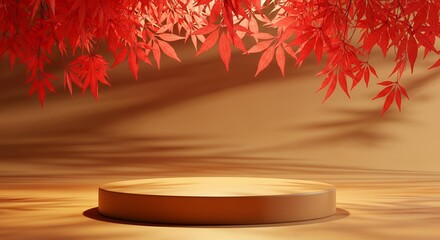 A circular podium stage is set against a warm brown background with dramatic shadows and overhead branches of vibrant red leaves platform display show