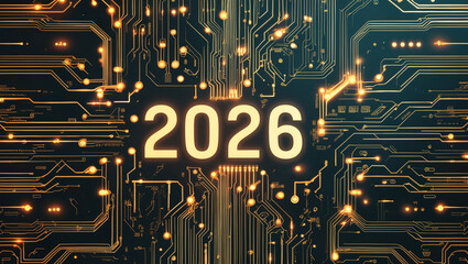 Futuristic 2026 glowing numbers displayed on a detailed glowing digital circuit board technology background