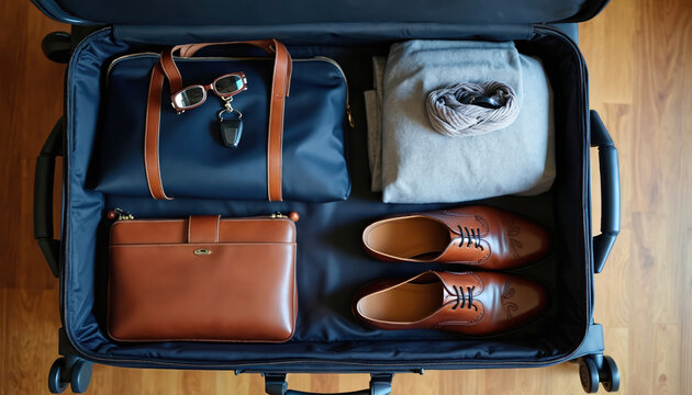 Suitcase packed with travel essentials clothes, leather shoes, laptop bag, sunglasses, keys, accessories. Organized luggage contents for business trip. Smart packing, efficient way for journey